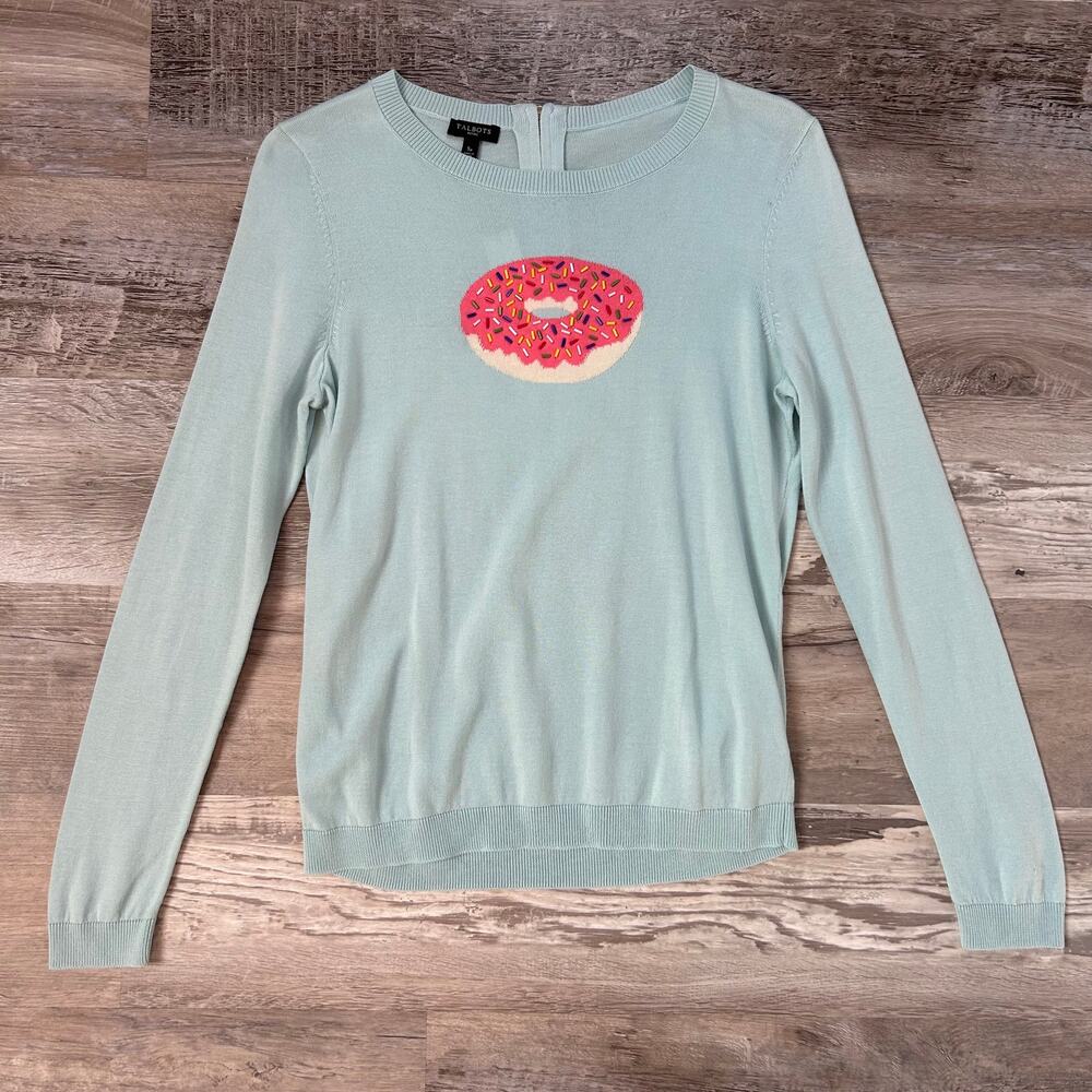 NWT Talbots Donut Sweater Pink Sprinkles Novelty Graphic Preppy Blue Petite S